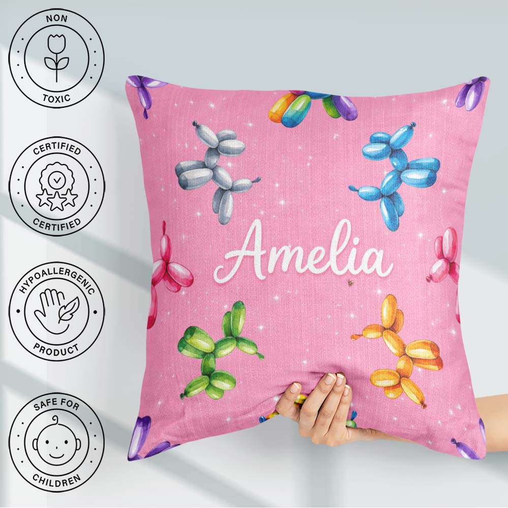 Custom Name Balloon Dog Seamless Pink Background Colorful Design Square Filled Cushion Throw Pillow Sofa Bed Home Decor Zip Washable UK Made