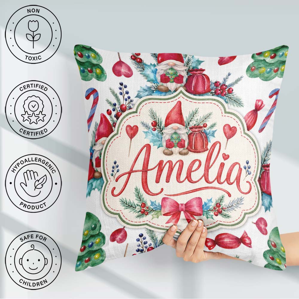 Custom Name Whimsical Christmas Gnome Tree Candy Holiday Pattern Square Filled Cushion Throw Pillow Sofa Bed Home Decor Zip Washable UK Made