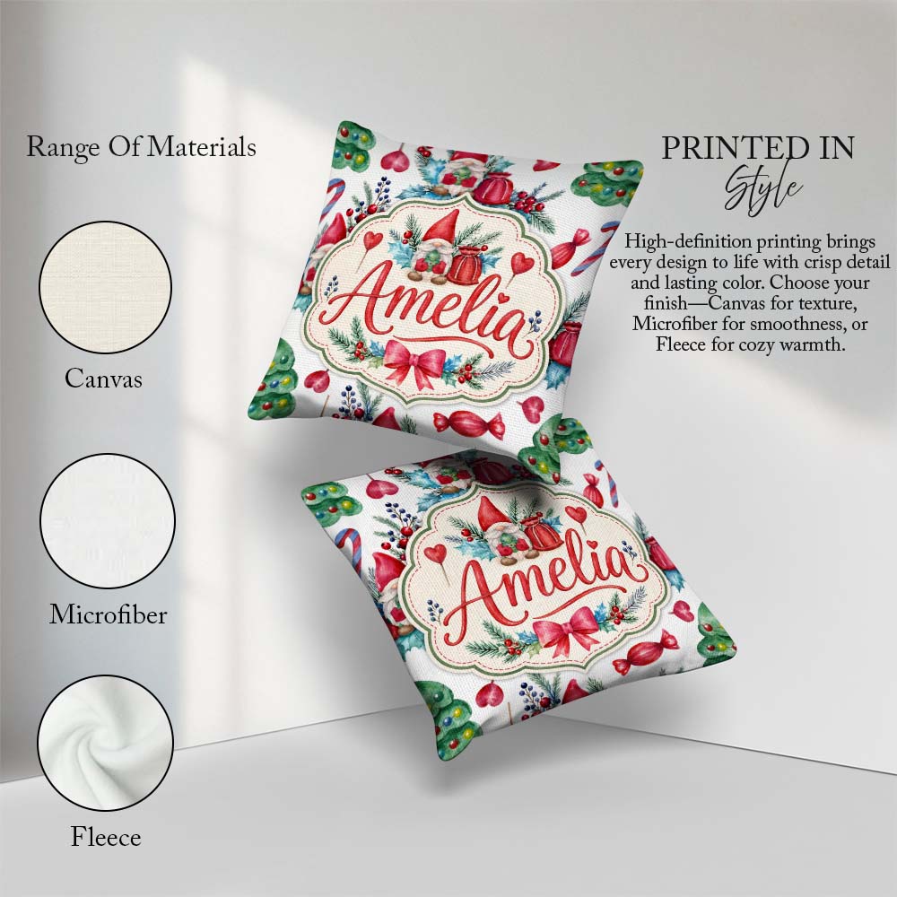 Custom Name Whimsical Christmas Gnome Tree Candy Holiday Pattern Square Filled Cushion Throw Pillow Sofa Bed Home Decor Zip Washable UK Made