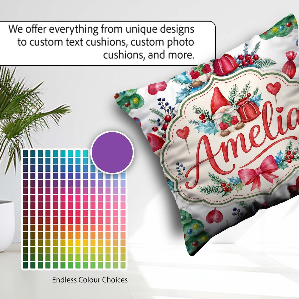 Custom Name Whimsical Christmas Gnome Tree Candy Holiday Pattern Square Filled Cushion Throw Pillow Sofa Bed Home Decor Zip Washable UK Made