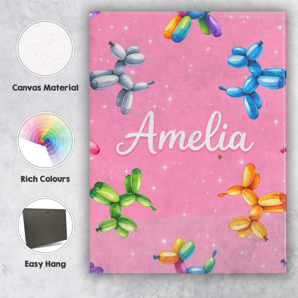 Personalised Name Balloon Dog Seamless Pattern Pink Background Custom Modern Room Accent Canvas Wall Art Print Decor Picture Ready to Hang