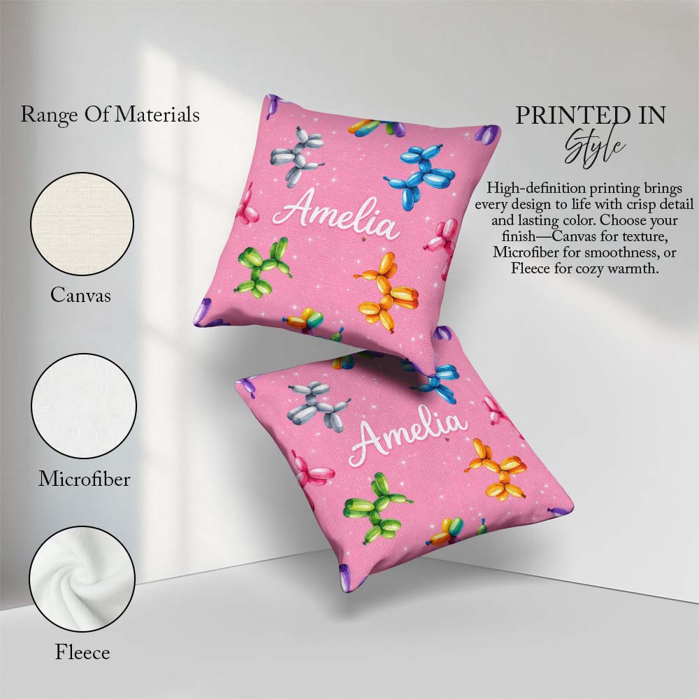 Custom Name Balloon Dog Seamless Pink Background Colorful Design Square Filled Cushion Throw Pillow Sofa Bed Home Decor Zip Washable UK Made