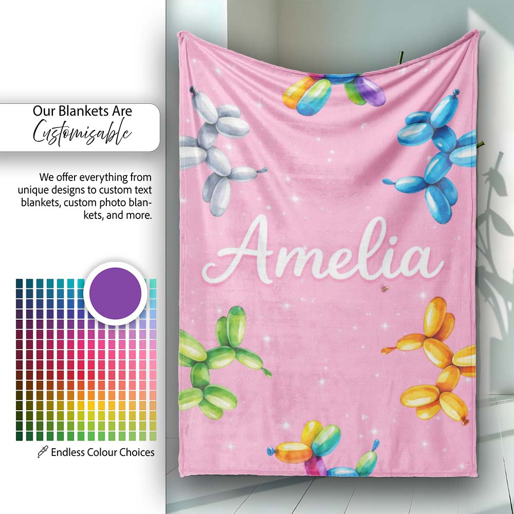 Balloon Dog Seamless Pattern Pink Background Colorful Party Design Personalised Custom Name Super Soft Fleece Blanket Bed Sofa Throw