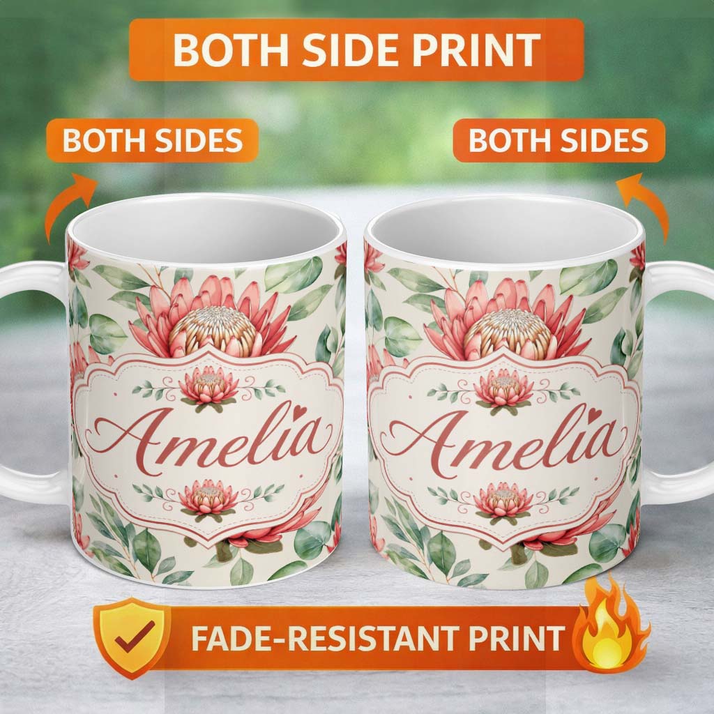 Personalized Custom Name Coral Protea Flowers with Green Leaves Seamless Botanical Pattern 11oz Ceramic Coffee Tea Mug White Large Handle