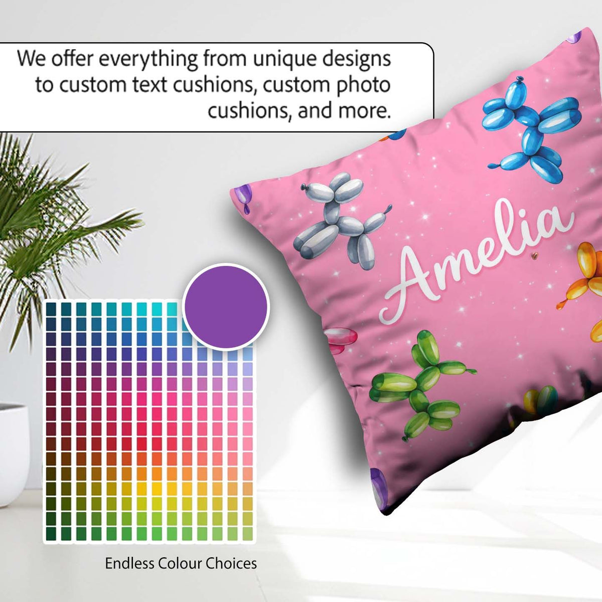Custom Name Balloon Dog Seamless Pink Background Colorful Design Square Filled Cushion Throw Pillow Sofa Bed Home Decor Zip Washable UK Made