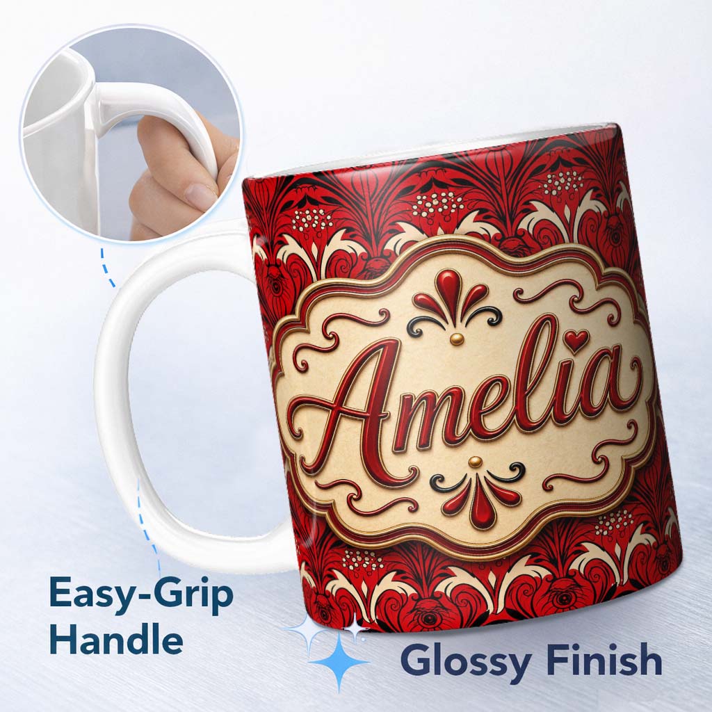 Personalized Custom Name Bold Red Black Art Deco Damask Pattern Seamless Pattern Lovely 11oz Ceramic Coffee Tea Mug White Large Handle