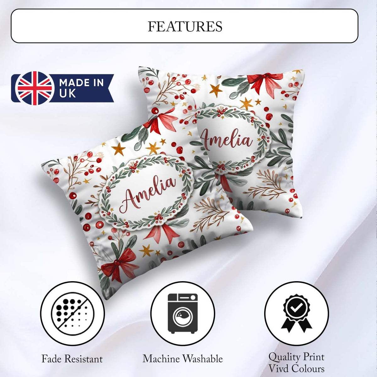 Custom Name Watercolor Bow Berry Branch Festive Seamless Pattern Square Filled Cushion Throw Pillow Sofa Bed Home Decor Zip Washable UK Made