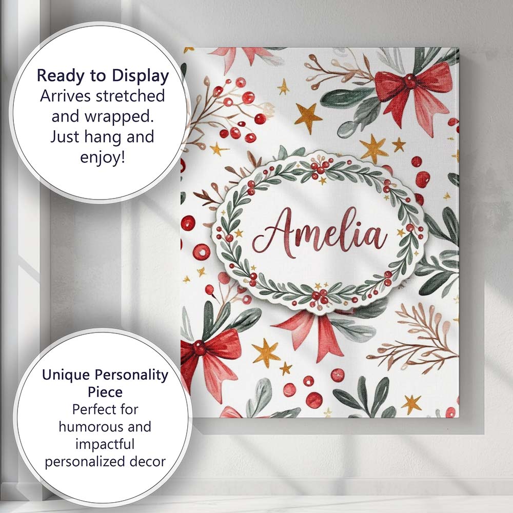 Personalised Name Watercolor Christmas Bow Custom Unique Gift Idea Elegant Feature Canvas Wall Art Print Decor Picture Ready to Hang