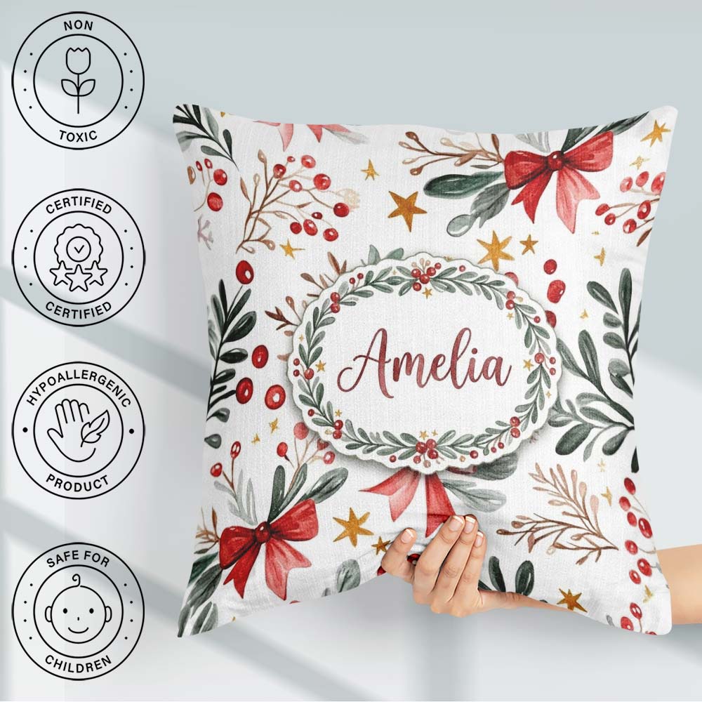 Custom Name Watercolor Bow Berry Branch Festive Seamless Pattern Square Filled Cushion Throw Pillow Sofa Bed Home Decor Zip Washable UK Made