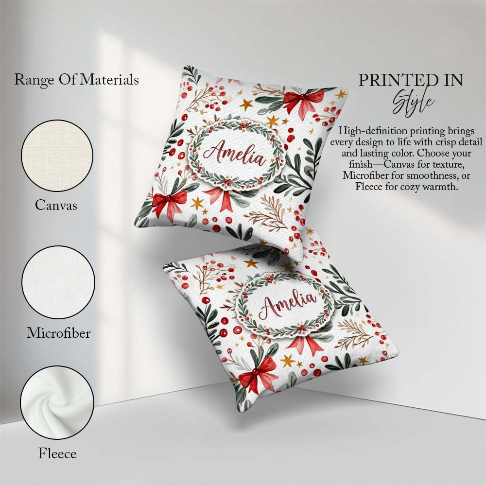 Custom Name Watercolor Bow Berry Branch Festive Seamless Pattern Square Filled Cushion Throw Pillow Sofa Bed Home Decor Zip Washable UK Made