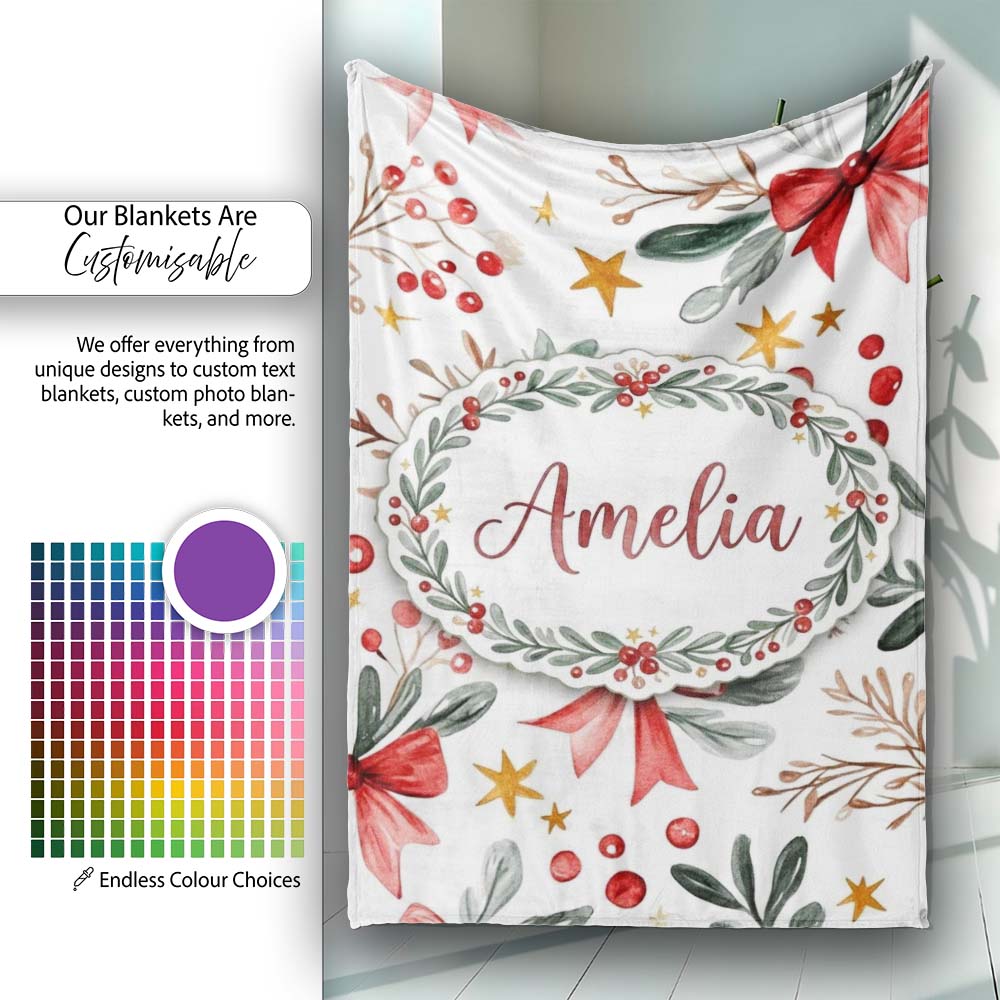 Watercolor Christmas Bow Berry Branch Festive Seamless Pattern Personalised Custom Name Super Soft Fleece Blanket Bed Sofa Throw