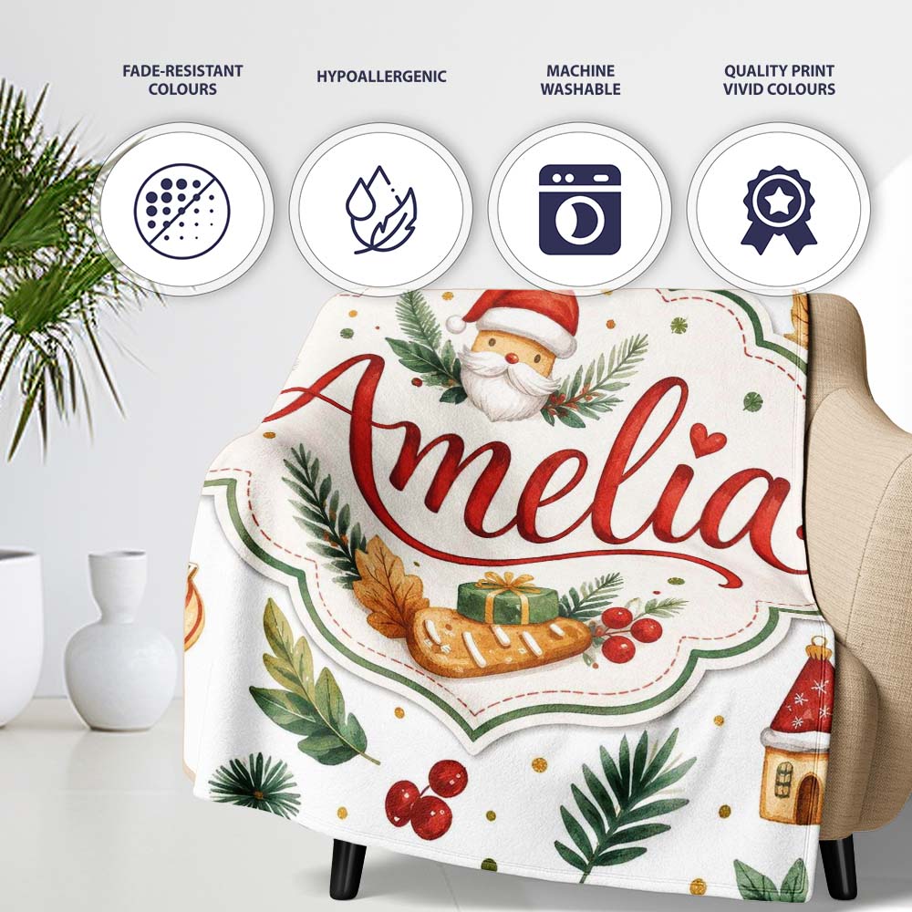 Watercolor Christmas Leaves Santa Hat House Ornament Seamless Lovely Personalised Custom Name Super Soft Fleece Blanket Bed Sofa Throw