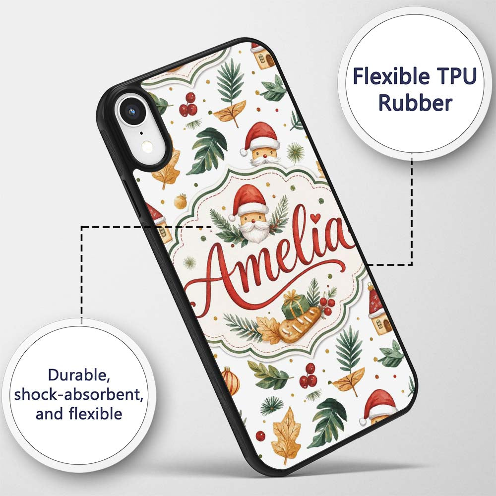 Watercolor Christmas Leaves Santa Printed Design Custom Name Protective Phone Case Mobile Cover Durable Everyday Smartphone Shock Resistant