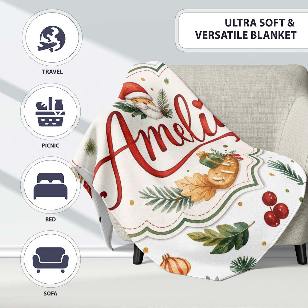 Watercolor Christmas Leaves Santa Hat House Ornament Seamless Lovely Personalised Custom Name Super Soft Fleece Blanket Bed Sofa Throw