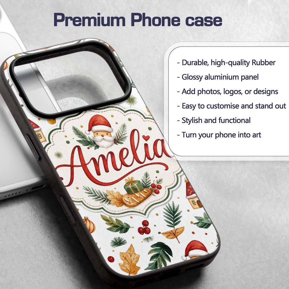 Watercolor Christmas Leaves Santa Printed Design Custom Name Protective Phone Case Mobile Cover Durable Everyday Smartphone Shock Resistant
