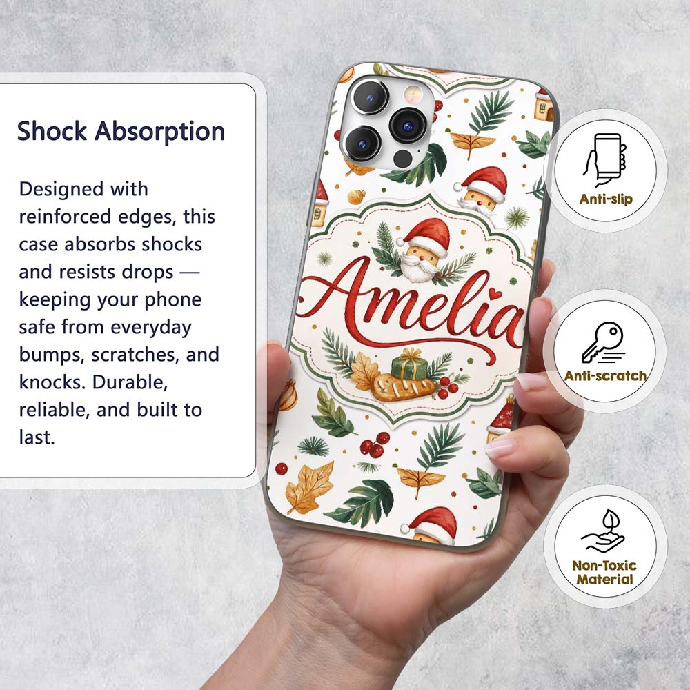 Watercolor Christmas Leaves Santa Printed Design Custom Name Protective Phone Case Mobile Cover Durable Everyday Smartphone Shock Resistant