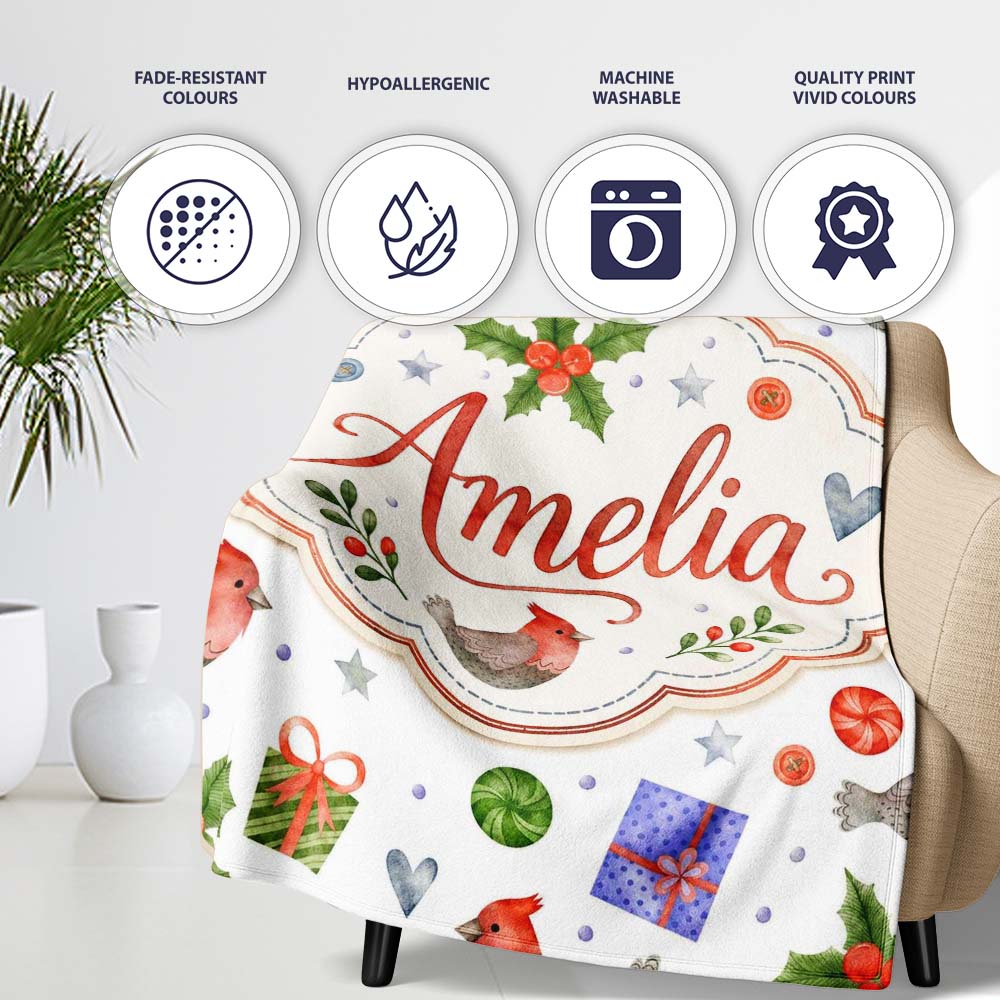 Cute Cardinal Bird Holly Gift Heart Festive Seamless Pattern Lovely Personalised Custom Name Super Soft Fleece Blanket Bed Sofa Throw