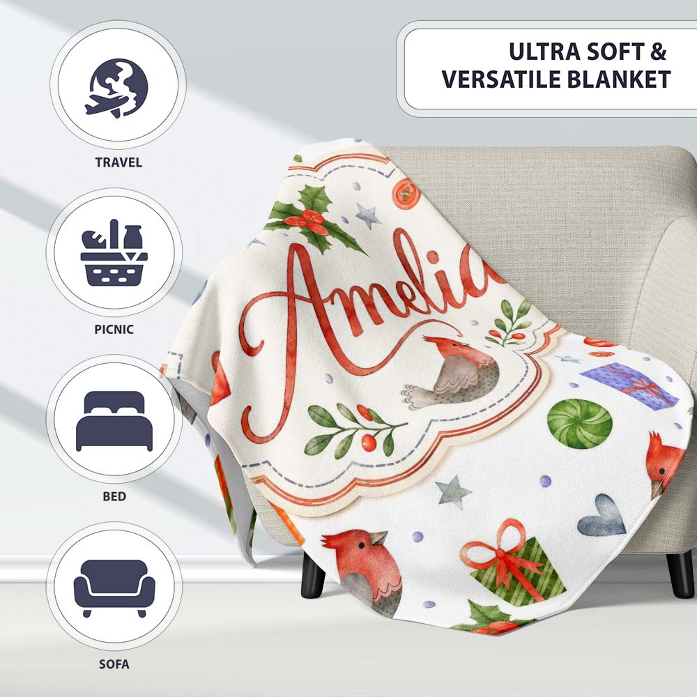 Cute Cardinal Bird Holly Gift Heart Festive Seamless Pattern Lovely Personalised Custom Name Super Soft Fleece Blanket Bed Sofa Throw