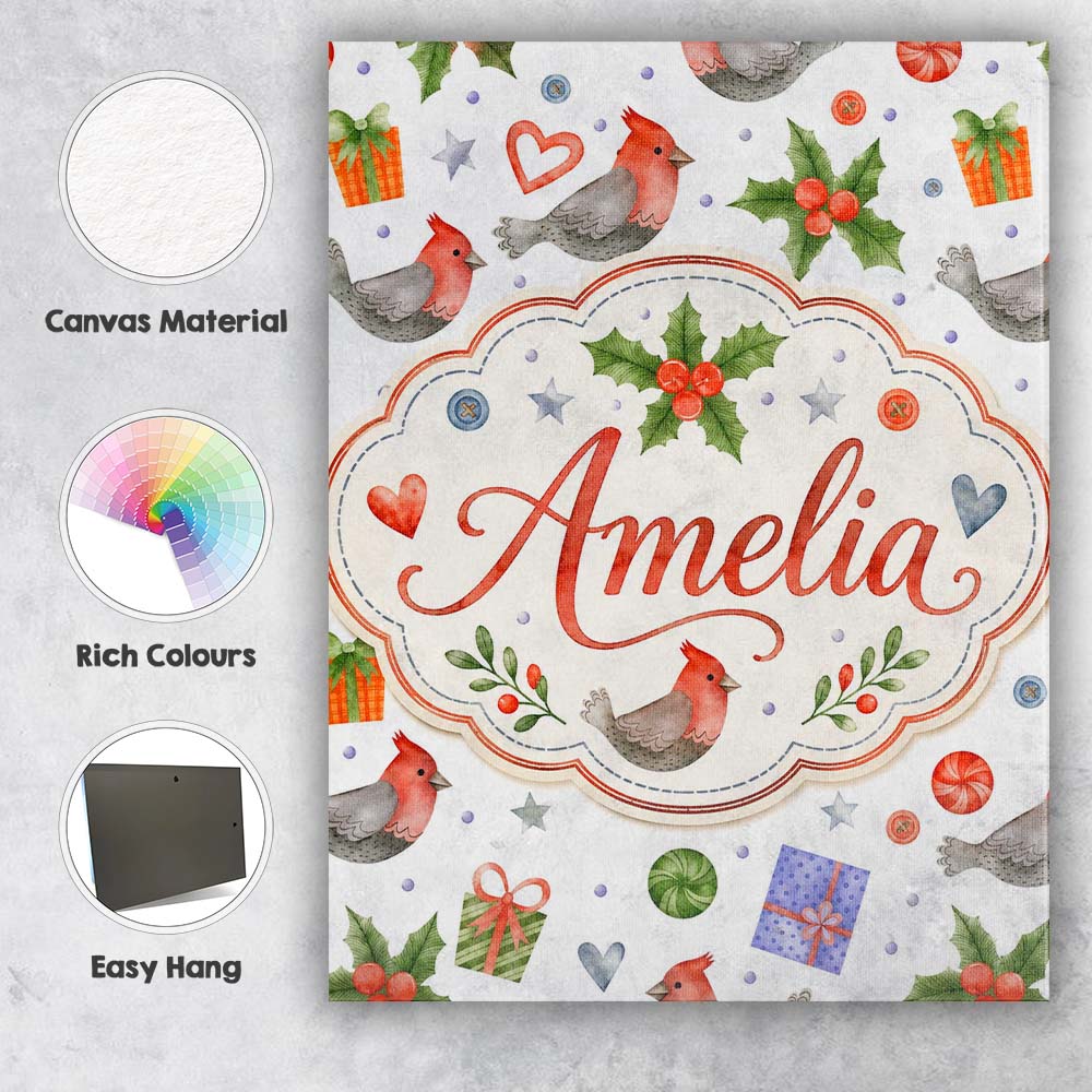 Personalised Name Cute Cardinal Bird Holly Custom Unique Gift Idea Elegant Feature Canvas Wall Art Print Decor Picture Ready to Hang