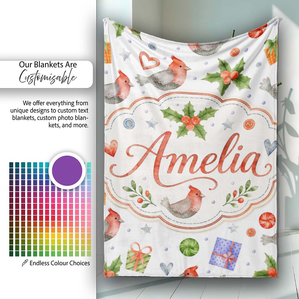 Cute Cardinal Bird Holly Gift Heart Festive Seamless Pattern Lovely Personalised Custom Name Super Soft Fleece Blanket Bed Sofa Throw
