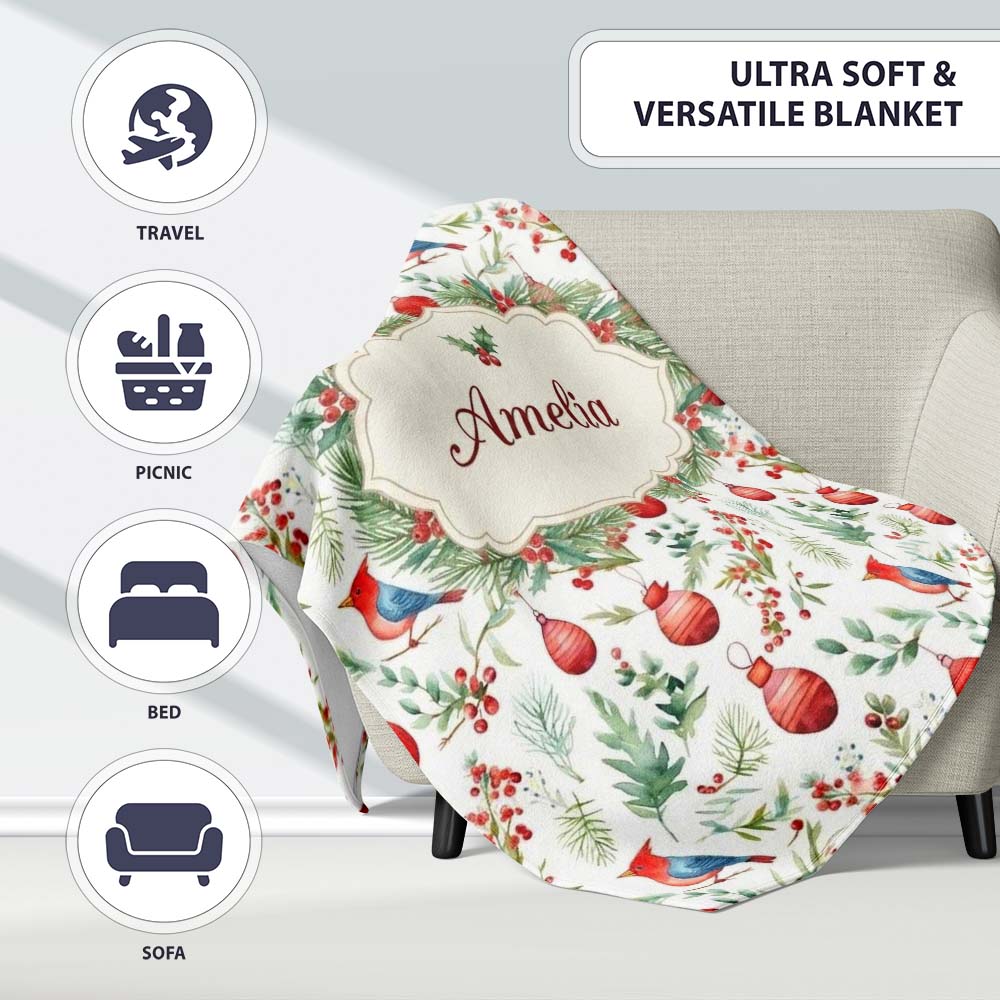 Watercolor Red Bird Ornament Berry Greenery Christmas Seamless Personalised Custom Name Super Soft Fleece Blanket Bed Sofa Throw