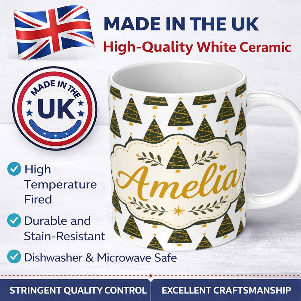 Personalized Custom Name Minimal Christmas Tree with Golden Garland Seamless Pattern Modern 11oz Ceramic Coffee Tea Mug White Large Handle