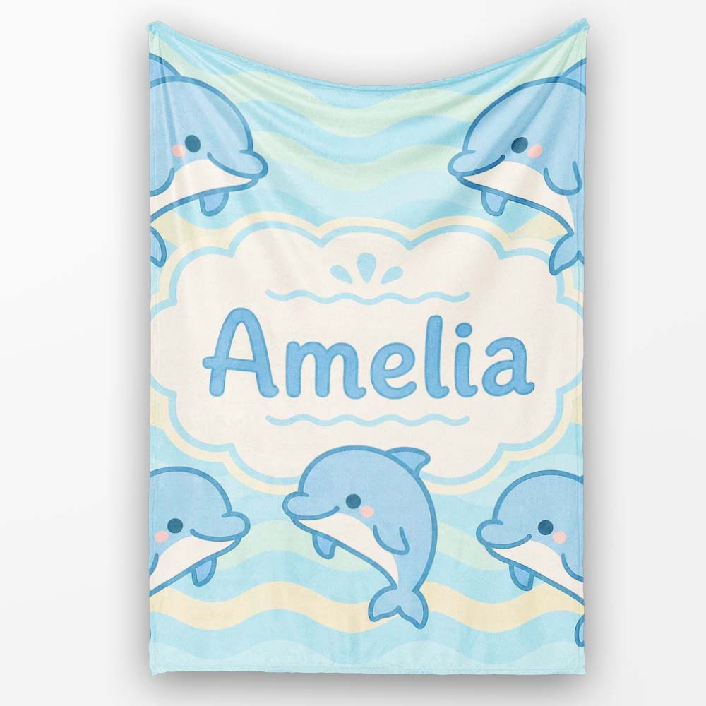 Cute Dolphin Waves Cartoon Animal Pattern Cute Unique Gift Lovely Personalised Custom Name Super Soft Fleece Blanket Bed Sofa Throw