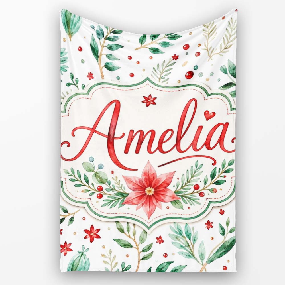 Elegant Poinsettia Floral Holiday Botanical Seamless Pattern Lovely Personalised Custom Name Super Soft Fleece Blanket Bed Sofa Throw