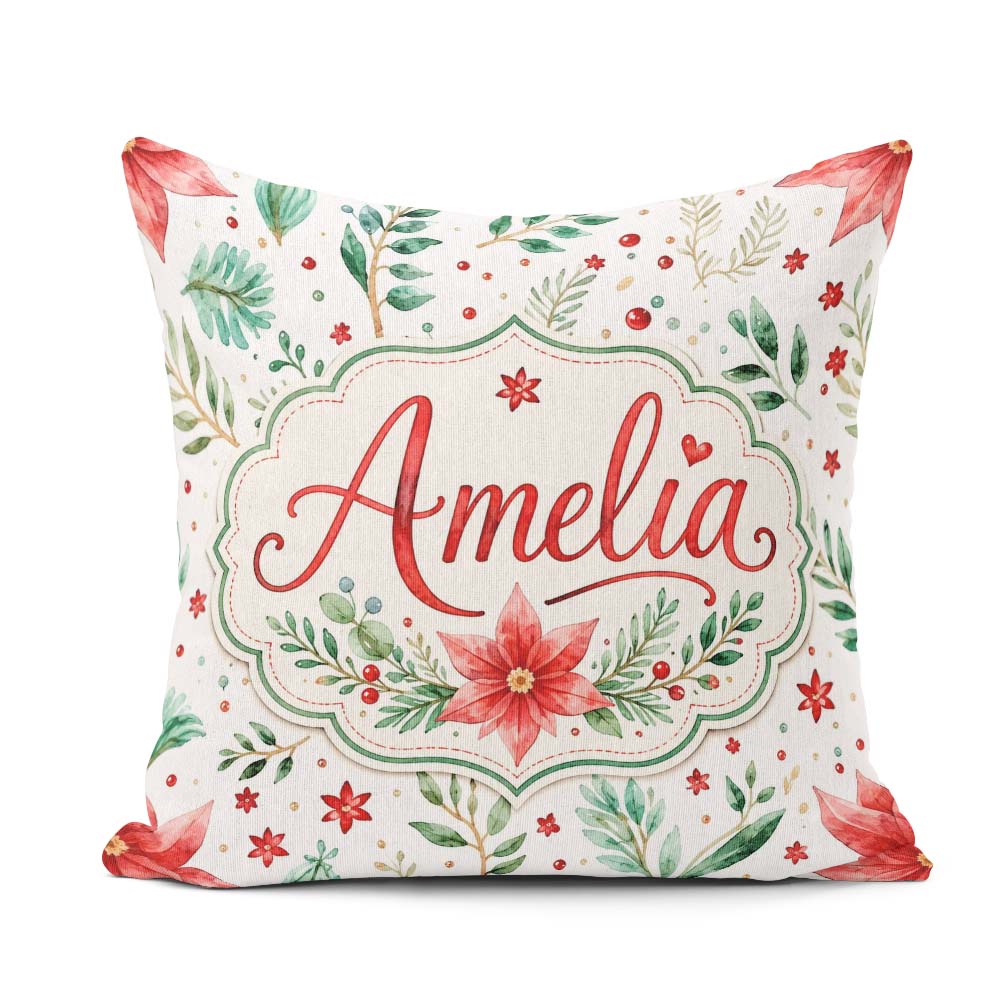 Custom Name Elegant Poinsettia Floral Holiday Botanical Seamless Square Filled Cushion Throw Pillow Sofa Bed Home Decor Zip Washable UK Made