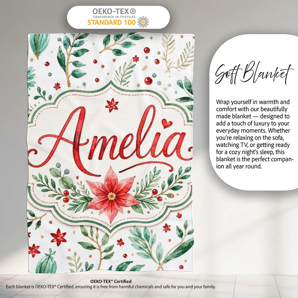 Elegant Poinsettia Floral Holiday Botanical Seamless Pattern Lovely Personalised Custom Name Super Soft Fleece Blanket Bed Sofa Throw