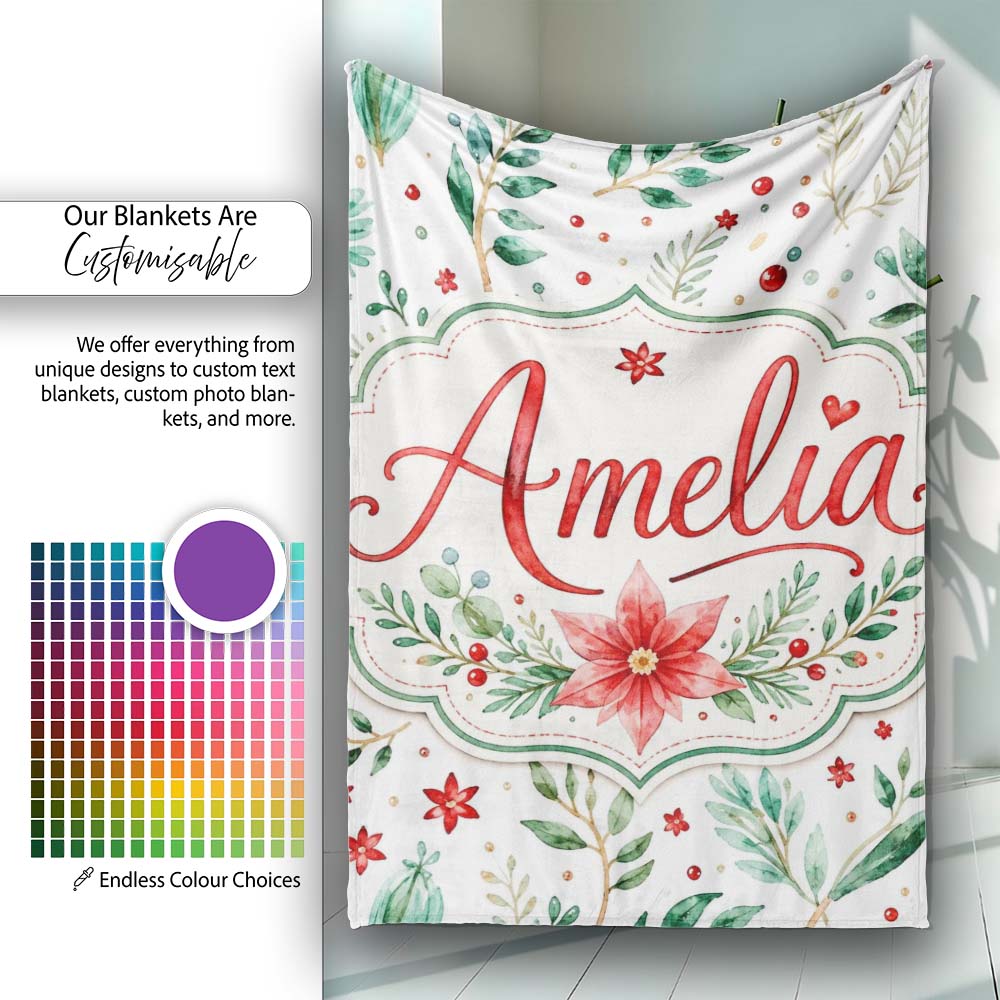 Elegant Poinsettia Floral Holiday Botanical Seamless Pattern Lovely Personalised Custom Name Super Soft Fleece Blanket Bed Sofa Throw