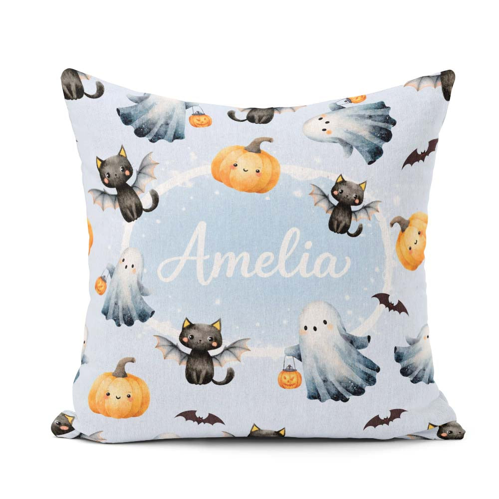 Custom Name Halloween Pumpkin Cat Seamless Pattern Spooky Kawaii Square Filled Cushion Throw Pillow Sofa Bed Home Decor Zip Washable UK Made