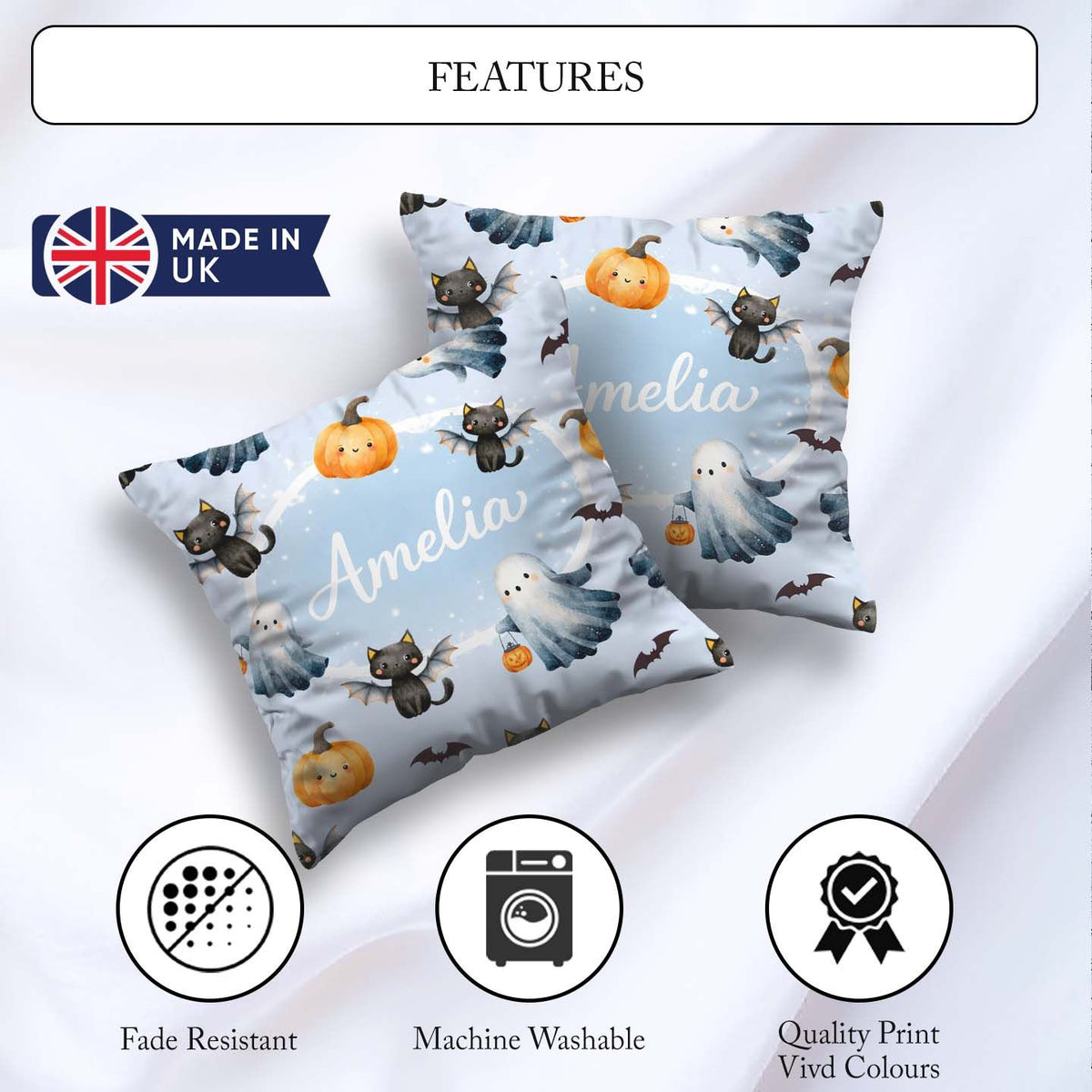 Custom Name Halloween Pumpkin Cat Seamless Pattern Spooky Kawaii Square Filled Cushion Throw Pillow Sofa Bed Home Decor Zip Washable UK Made