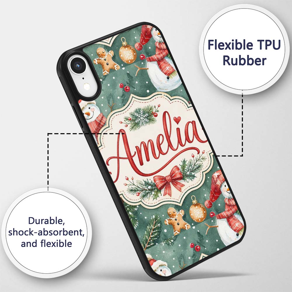 Winter Snowman Gingerbread Cookie Holiday Green Custom Name Protective Phone Case Mobile Cover Durable Everyday Smartphone Shock Resistant