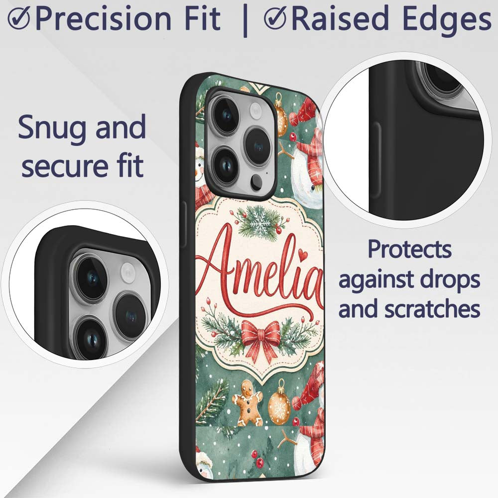 Winter Snowman Gingerbread Cookie Holiday Green Custom Name Protective Phone Case Mobile Cover Durable Everyday Smartphone Shock Resistant