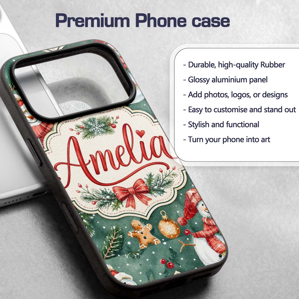 Winter Snowman Gingerbread Cookie Holiday Green Custom Name Protective Phone Case Mobile Cover Durable Everyday Smartphone Shock Resistant
