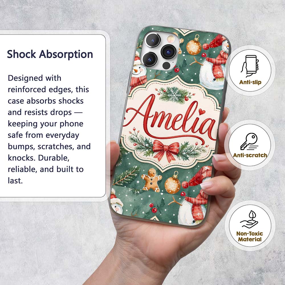 Winter Snowman Gingerbread Cookie Holiday Green Custom Name Protective Phone Case Mobile Cover Durable Everyday Smartphone Shock Resistant
