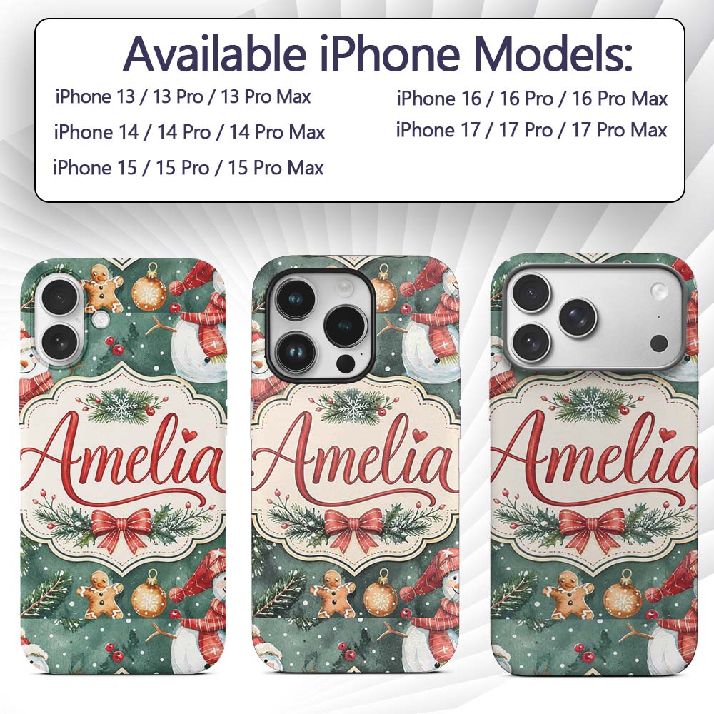 Winter Snowman Gingerbread Cookie Holiday Green Custom Name Protective Phone Case Mobile Cover Durable Everyday Smartphone Shock Resistant