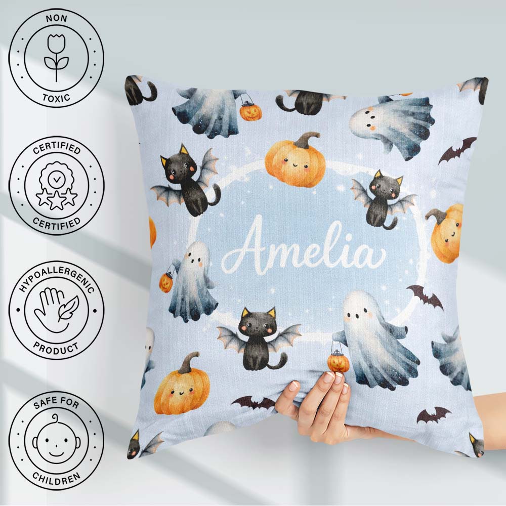 Custom Name Halloween Pumpkin Cat Seamless Pattern Spooky Kawaii Square Filled Cushion Throw Pillow Sofa Bed Home Decor Zip Washable UK Made