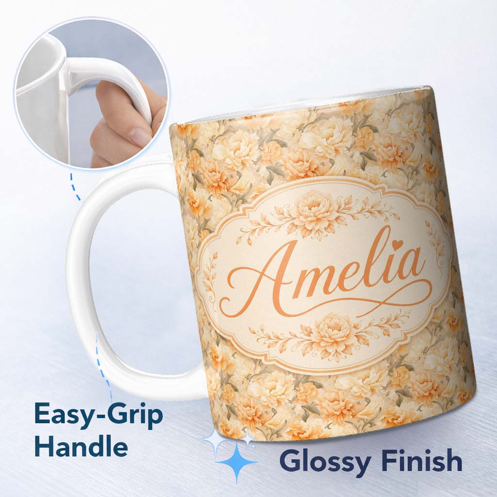 Personalized Custom Name Vintage Peach and Cream Peony Floral Seamless Pattern Lovely 11oz Ceramic Coffee Tea Mug White Large Handle