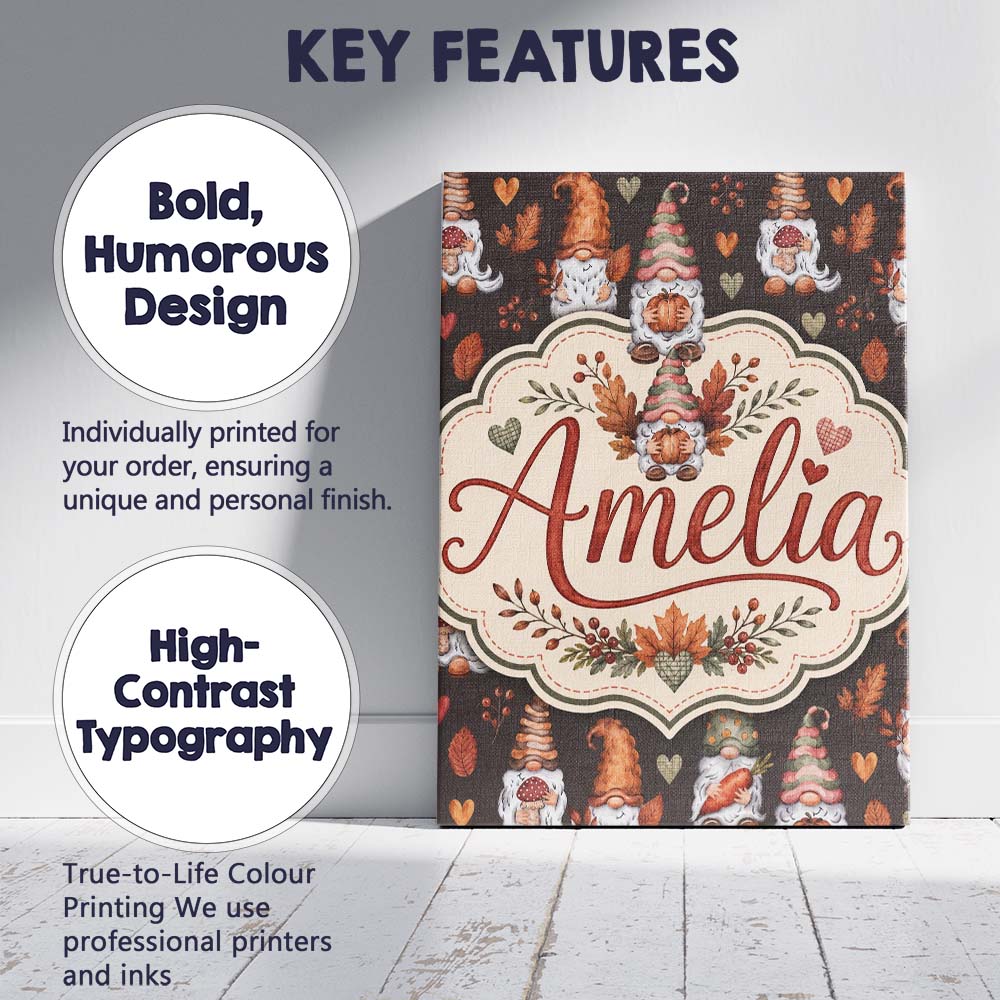Personalised Name Cute Autumn Gnome Pumpkin Custom Bespoke Interior Contemporary Canvas Wall Art Print Decor Picture Ready to Hang