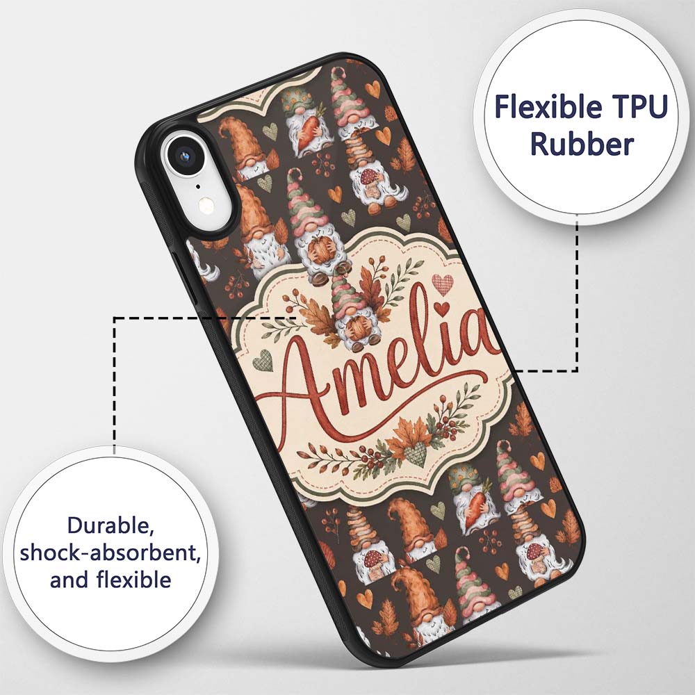 Cute Autumn Gnome Pumpkin Mushroom Leaf Heart Custom Name Protective Phone Case Mobile Cover Durable Everyday Smartphone Shock Resistant