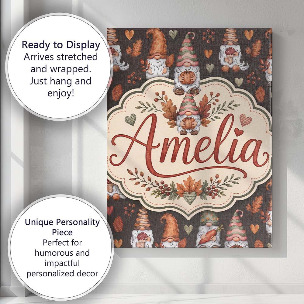 Personalised Name Cute Autumn Gnome Pumpkin Custom Bespoke Interior Contemporary Canvas Wall Art Print Decor Picture Ready to Hang