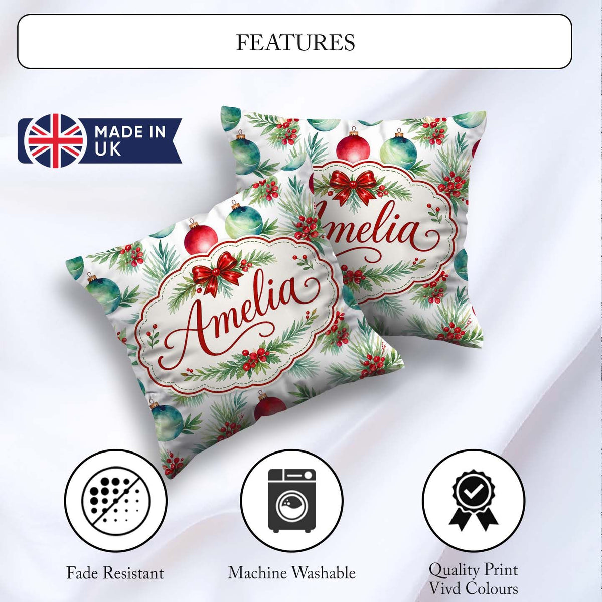 Custom Name Watercolor Christmas Baubles Berry Greenery Seamless Square Filled Cushion Throw Pillow Sofa Bed Home Decor Zip Washable UK Made