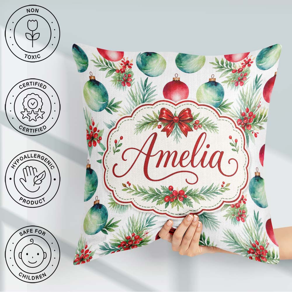 Custom Name Watercolor Christmas Baubles Berry Greenery Seamless Square Filled Cushion Throw Pillow Sofa Bed Home Decor Zip Washable UK Made