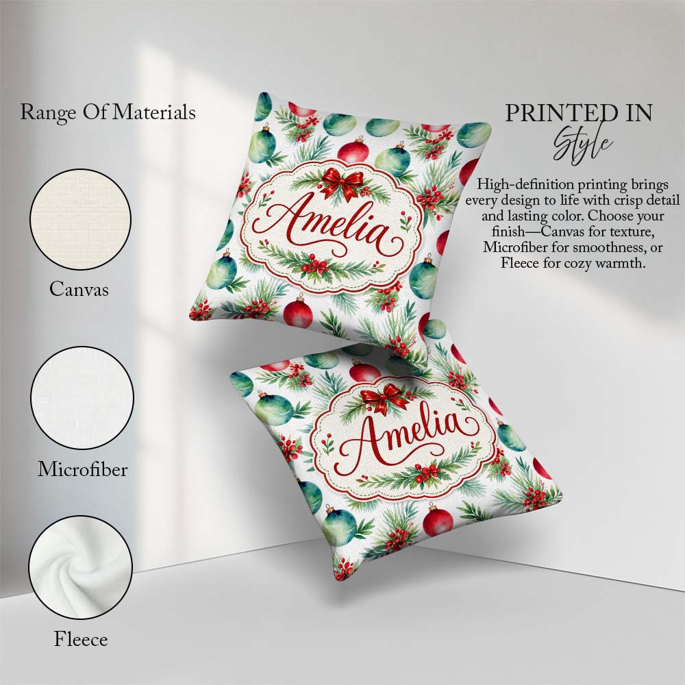 Custom Name Watercolor Christmas Baubles Berry Greenery Seamless Square Filled Cushion Throw Pillow Sofa Bed Home Decor Zip Washable UK Made