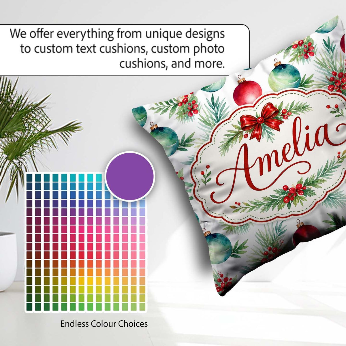 Custom Name Watercolor Christmas Baubles Berry Greenery Seamless Square Filled Cushion Throw Pillow Sofa Bed Home Decor Zip Washable UK Made