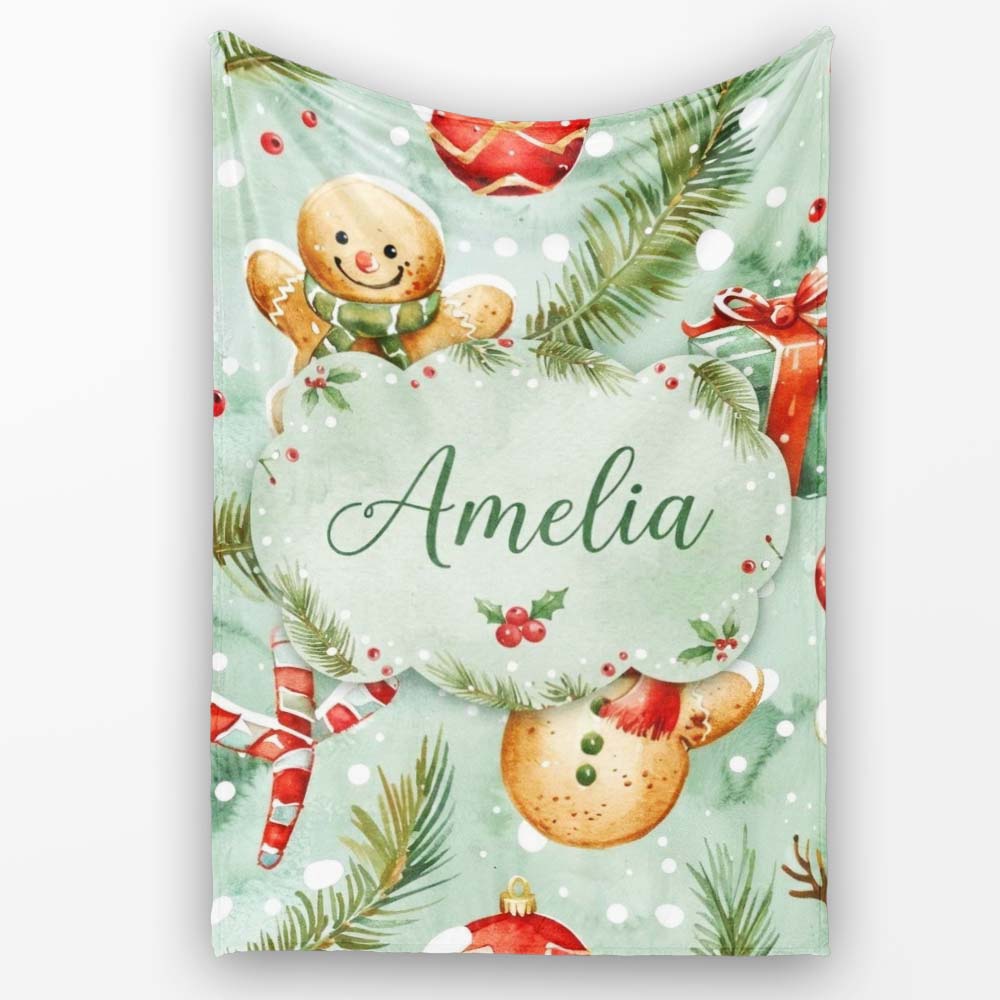 Cute Gingerbread Snowman Candy Cane Gift Holiday Seamless Pattern Personalised Custom Name Super Soft Fleece Blanket Bed Sofa Throw