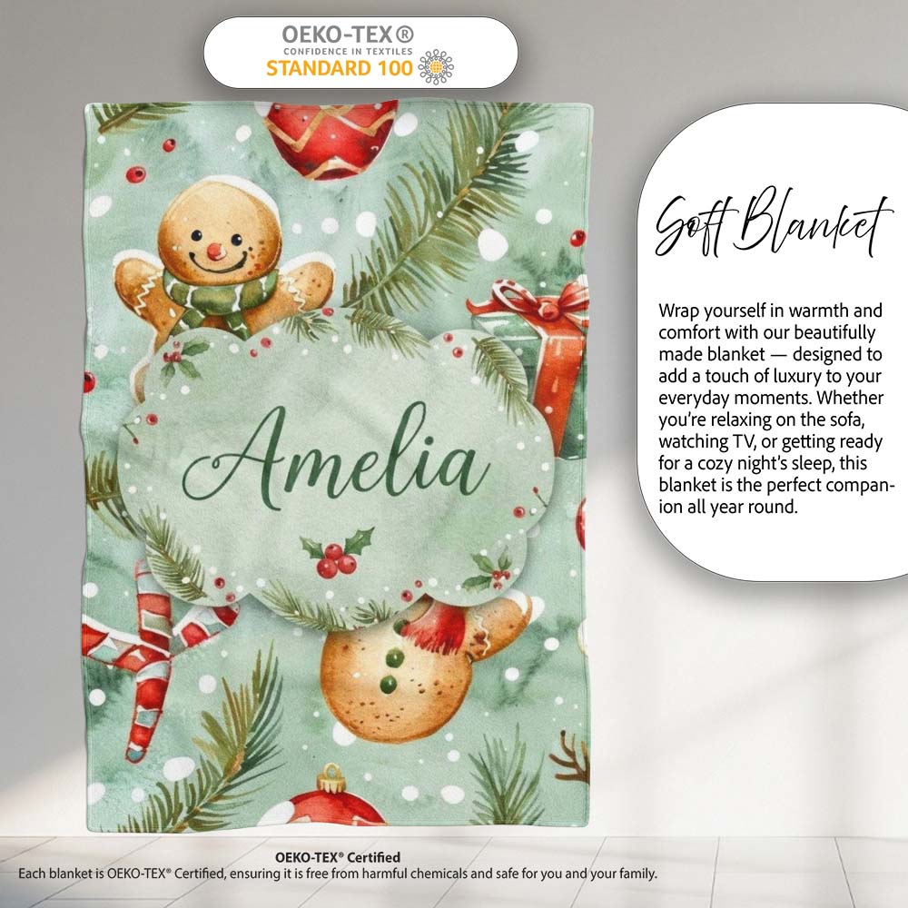 Cute Gingerbread Snowman Candy Cane Gift Holiday Seamless Pattern Personalised Custom Name Super Soft Fleece Blanket Bed Sofa Throw