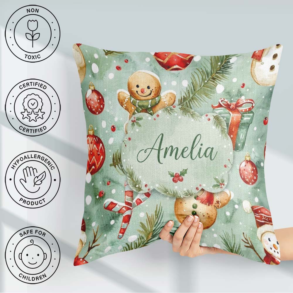 Custom Name Cute Gingerbread Snowman Candy Cane Holiday Seamless Square Filled Cushion Throw Pillow Sofa Bed Home Decor Zip Washable UK Made